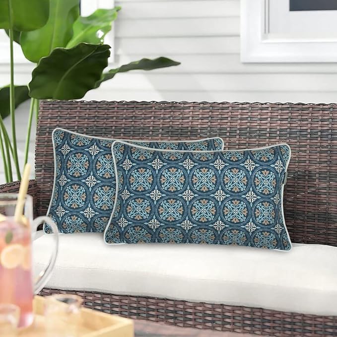 Magpie Fabrics Pack of 2 Outdoor Waterproof Lumbar Rectangular Throw Pillow with Insert, Home Decorative Toss Pillows All Weather Cushion for Patio Garden Car Office (12x20 Inch, Morgan Medal Print)