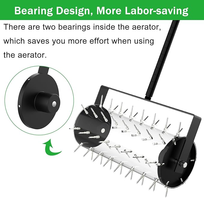 Rolling Lawn Aerator Manual Aeration Tool Heavy Duty Grass Dethatching Aeration Tool with 60 Inch Handle for Yard Garden Lawn Bearing Design, Labor Saving