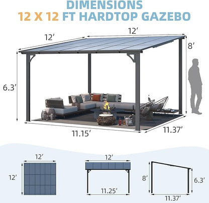 AECOJOY 12' x 12' Gazebo Outdoor Pergola for Patio, Large Wall-Mounted Hard Top Lean to Metal Gazebo Shelter Pergolas and Gazebos Clearance with Patio Roof, Heavy Duty Awnings for Patio, Decks
