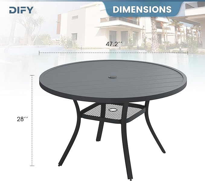 DIFY 48" Round Patio Dining Table for 6, All Weather Round Outdoor Metal Dining Table with 1.57" Umbrella Hole, Perfect for Backyard Lawn Garden, Grey