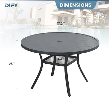 DIFY 48" Round Patio Dining Table for 6, All Weather Round Outdoor Metal Dining Table with 1.57" Umbrella Hole, Perfect for Backyard Lawn Garden, Grey
