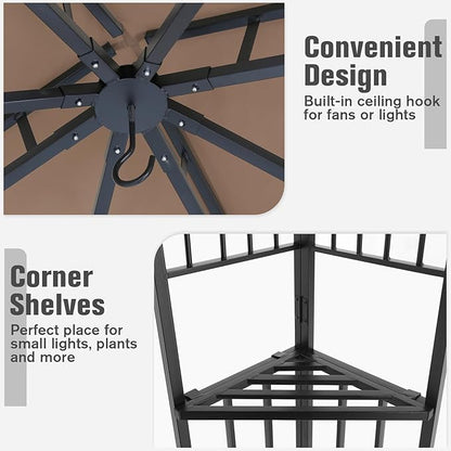 COOS BAY 8x8 Outdoor Patio Gazebo with Netting and Corner Shelves, Two-Tier Soft Top Canopy for Backyard, Lawn, Deck and Garden, Brown