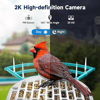 Smart Bird Feeder with Camera, 2K HD Smart Bird House with Camera,Solar Powered,Instant Arrival Alerts,AI Identify Birds Species,SD/Cloud Storage,Ideal Gift for Bird Lovers,Dad,Mom(2.4G WiFi Only