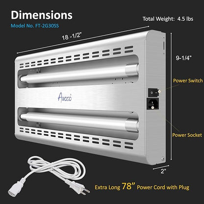 Awoco 12W LED Stainless Steel 100V-240V Wall Mount Sticky Fly Trap Lamp for Capturing Flies, Mosquitoes, Moths and Flying Insects, Perfect for Home, Restaurants, Kitchens, Warehouses