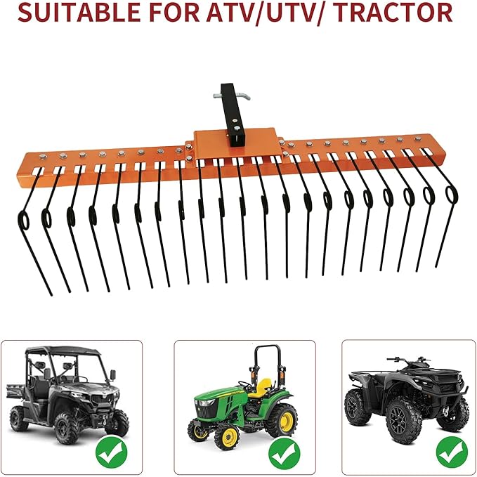 5FT Durable Pine Straw Rake Steel Spring Landscape Rake Fits 2" Receiver for Lawn Tractors or ATV/UTV Orange