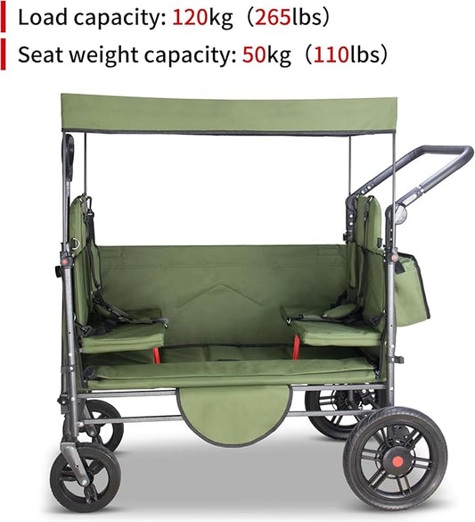 TMZ Collapsible Wagon Cart with Side-Opening Seat Conversion Design, Foldable Utility Wagon with 2 Seats, Heavy Duty Wagon 265 lbs Load Capacity (Green)