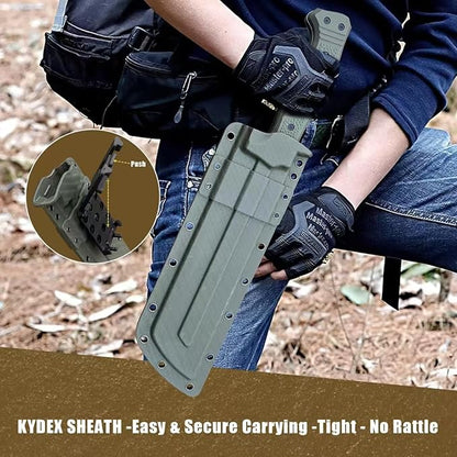 Machete w Kydex Sheath, 15'' Camping Machetes for Cutting Trees Heavy Duty,DC53 Steel Blade - 62 HRC, Full Tang Survival Machete w Firestarter, Non-Slip Handle, Ideal for Yard Work, Hunting,Outdoor