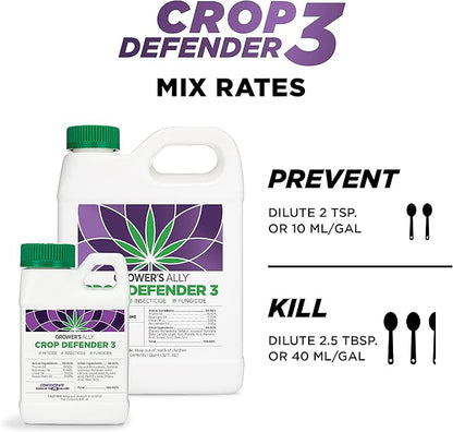 Grower's Ally Crop Defender 3 Concentrate 1 qt | Natural, Safe & Organic Insecticide & Fungicide Control for Plants - Powdery Mildew, Spider Mites & Russet Mite Killer – Makes 100 Gallons