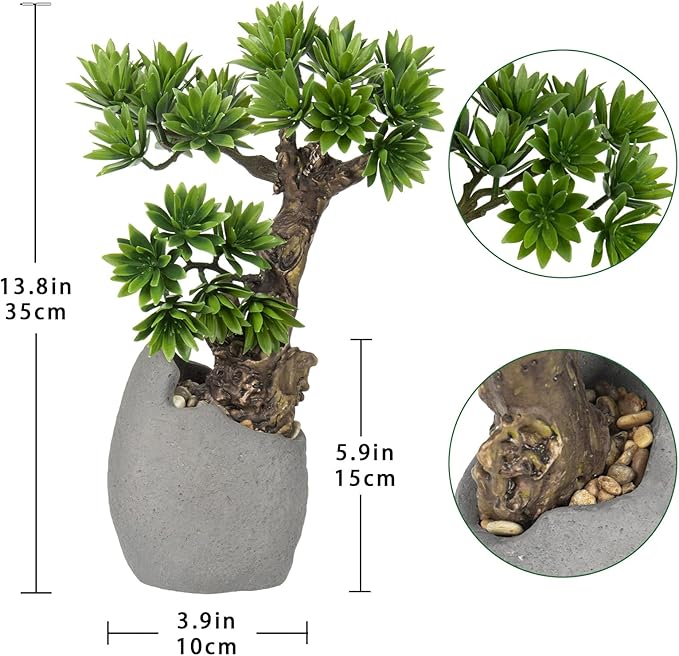 Fake Bonsai Tree Bonsai Plant 13.8” Tall Artificial Bonsai Trees with Cemant Pot Decorated with Pebbles Desk Plant Indoor Bonsai for Home Office Decor
