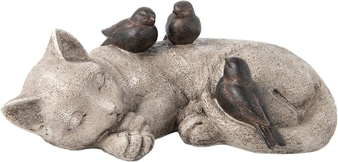 Sleeping Cat Garden Statues Outdoor - 12" Sparrows On Cat Figurine Memorial Statue Grave Markers Garden Resin Statues for Outdoor Decor Outdoor Statue Resin 12" x 8" x 4.5"