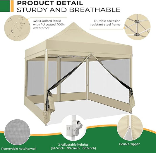 COBIZI 10x10 Heavy Duty Pop Up Canopy Tent with 4 Sidewalls, Commercial Gazebo Party Tent with Mosquito Netting Wall Easy Set Up Outdoor Instant Screen Canopy for Backyard, Patio, Garden, Khaki