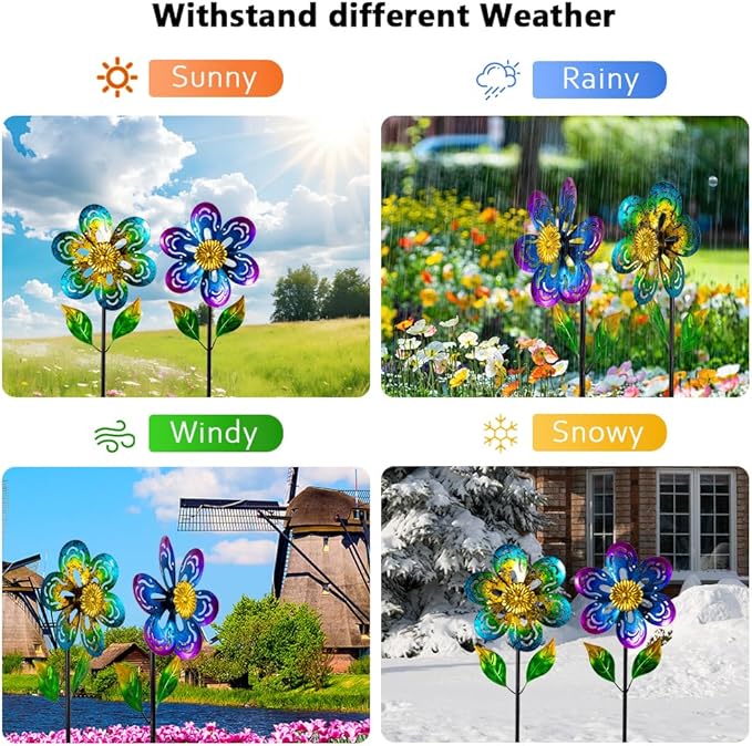 Viveta 2 Pack Wind Spinners,Flower Garden Sculpture, Metal Windmill, Green and Purple Pinwheels for Yard Lawn Patio Decor