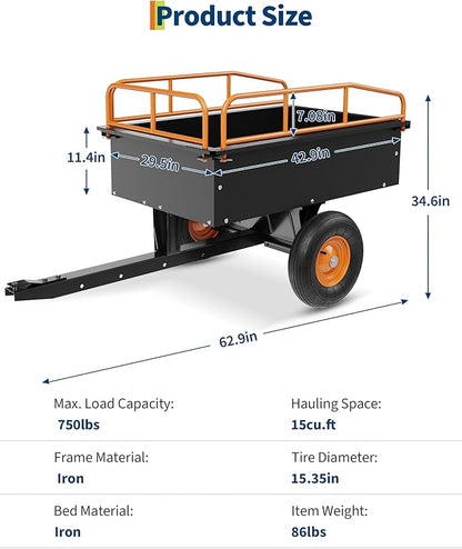 GarveeLife Heavy Duty ATV Trailer Steel Dump Cart, 750 LBS 15 Cubic Feet, Garden Utility with Removable Sides for Riding Lawn Mower Tractor