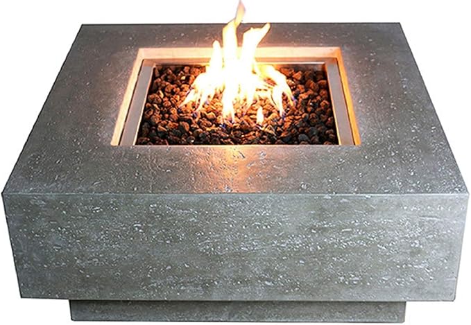 Elementi | Manhattan Gas Fire Pit Cast Concrete 36" Square Fire Table, Outdoor Fire Pit Electronic Ignition | Canvas Cover, Lava Rock Included | Light Gray (Natural Gas)