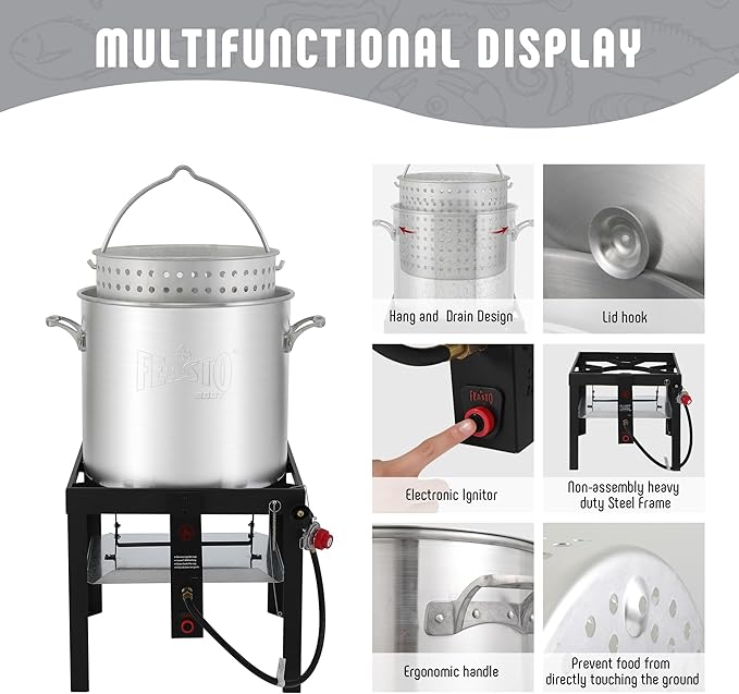 60 QT Aluminum Seafood Boil Pot with Basket and Burner, 100,000 BTU Propane Boiler with 10 PSI Regulator, Outdoor Fryer Kit for Seafood Boiling, CSA Certified