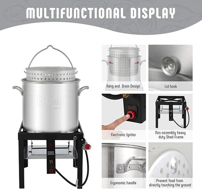 60 QT Aluminum Seafood Boil Pot with Basket and Burner, 100,000 BTU Propane Boiler with 10 PSI Regulator, Outdoor Fryer Kit for Seafood Boiling, CSA Certified