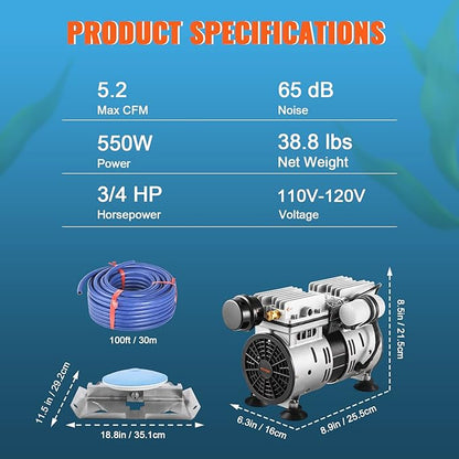 VEVOR Pond Aerator, 550W Power, 5.2CFM for Up to 1 Acre 50' Lake, Aeration Kit Includes 3/4 HP Compressor & 100' Weighted Tubing & Diffuser, Air Compressor for Deep Water Oxygen Circulation