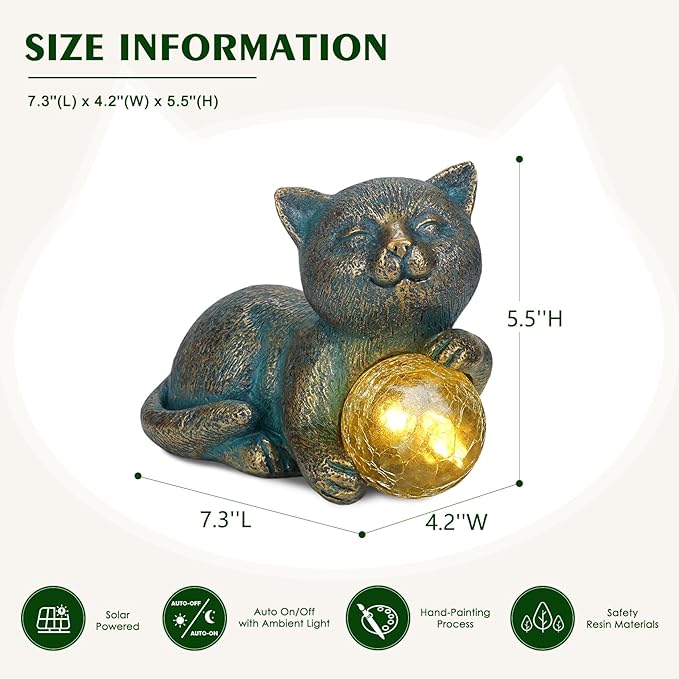 MININOVA Solar Garden Cat Statue with LED Light Ball Cat Figurine Outdoor Decor in Yard, Patio, Balcony, Perfect Housewarming, Birthday, for Women, Mom, Grandma