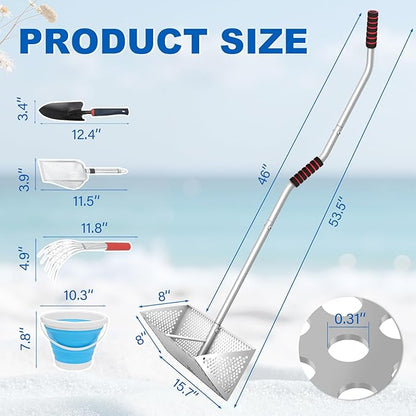 Sand Sifter, 304 Stainless Steel, 16'' Basket with Sharp Teeth, 60" Ergonomic Handle | Equipped with Clam Rake, Sand Flea Sifter, Black Beach Shovel and 5L Bucket