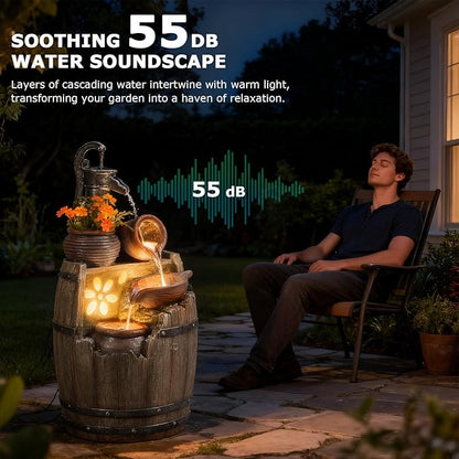 Water Fountain Outdoor Rustic Barrel,4 Tiered Wood Barrel Cascading Water Fall Fountains Outside Feature with LED Lights for Garden, Patio, Porch, Backyard Decor 14.6" L x 14.6" W x 29" H