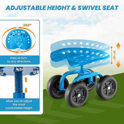 Rolling Garden Seat, Garden Cart with 360° Swivel Work Seat & Adjustable Height, Heavy Duty Garden Seat with Wheels for Lawn Yard Patio Greenhouse Planting Cleaning (Blue)