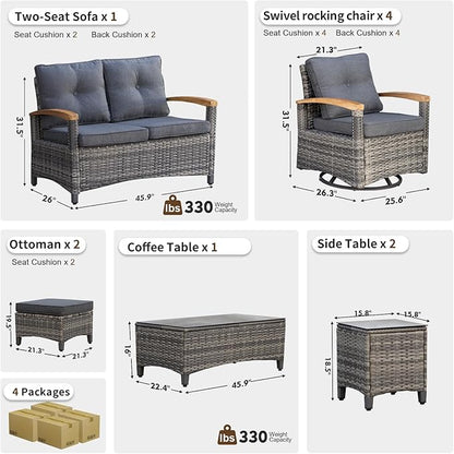 MEISSALIVVE 10 Pieces Outdoor Patio Furniture Sets,PE Wicker Patio Conversation Sets with 4 Wood Armrests Swivel Rocker Chairs，2-seat Sofa and Coffee Table(Grey)
