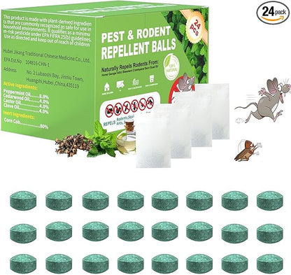 Mouse Rodent Repellent, Peppermint Oil Lemon Moth Balls for Rodents Outdoor and Indoor Use, Deterrent Rats Squirrel Mice Repellent for Car,Kitchen,Warehouse 24 Pack