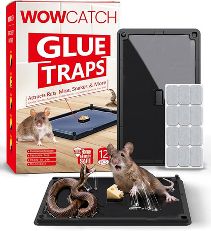 Sticky Mouse Traps Indoor for Home – 12 Pack Rat Glue Traps with Bait Slot, Pet Safe Rodent Catcher for Garage, Kitchen - Catches Snakes, Roaches, Spiders, Lizard, Non-Toxic, Medium Size