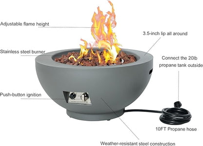 28-Inch Propane Fire Pit with Natural Gas Conversion Kit, 58,000 BTU Round Gas Fire Pit Table, Outdoor Fire Bowl Firepit with Lid, Lava Rocks, Cover, Pre-Attached 10FT Propane Hose, Gray