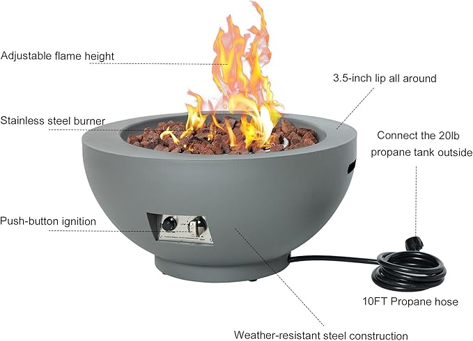 28-Inch Gas Fire Pit with Propane Tank Cover, 58,000 BTU Round Propane Fire Pit Table, Patio Fire Bowl Firepit with Lid, Lava Rocks, Cover, Pre-Attached 10FT Propane Hose, Gray