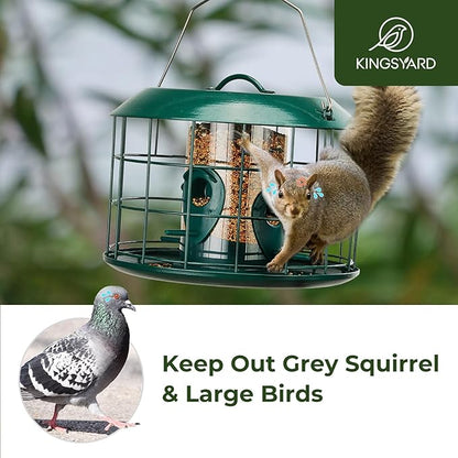 Kingsyard Mesh Caged Bird Feeders for Outdoor Hanging, Tube Squirrel Proof Bird Feeders with Seed Tray for Small Birds Finches Bluebird, Rain Proof Covered, 4 Feeding Ports, Green