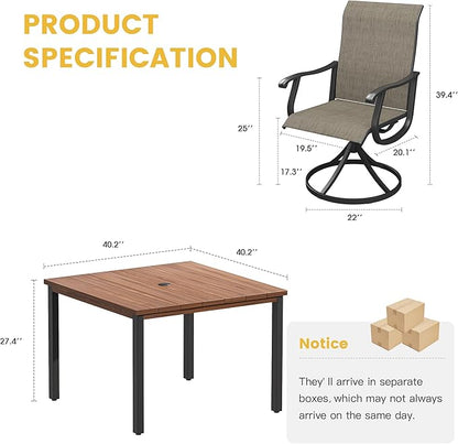 VICLLAX 5 Pieces Patio Dining Set for 4, Outdoor Furniture Set Includes 40.2" Square Outdoor Table and 4 Patio Swivel Chairs for Lawn Garden, Walnut Table and Black Chairs