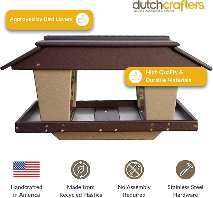 DutchCrafters Poly Post Mount Extra Large Double Hopper Bird Feeder, Outdoor Wild Bird Feeder for Outside, USA Amish Made (Brown & Weatherwood)