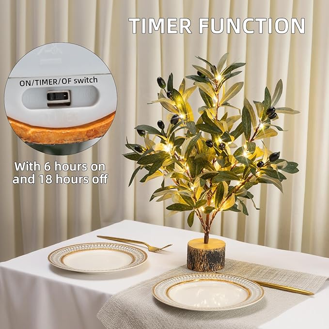 Lighted Tabletop Olive Tree, Artificial Greenery Tree Indoor 19IN 49 Warm White Led with Timer, Battery Operated for Spring Summer Home Office Decorations