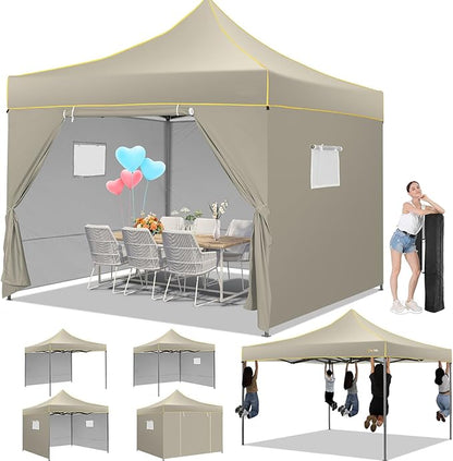 COBIZI 10x10 Pop Up Canopy Tent, Easy Setup Canopy with Sidewalls Waterproof & UPF 50+, Heavy Duty Commercial Instant Craft Fair Tent for Party, Event, Vendor, Farmer Market(Khaki)
