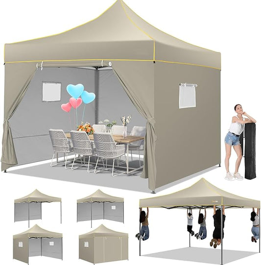 COBIZI 10x10 Pop Up Canopy Tent, Easy Setup Canopy with Sidewalls Waterproof & UPF 50+, Heavy Duty Commercial Instant Craft Fair Tent for Party, Event, Vendor, Farmer Market(Khaki)
