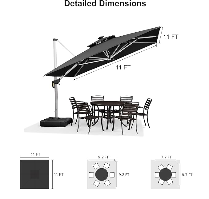 PURPLE LEAF 11 Feet Solar Powered LED Square Cantilever Umbrella With Base Patio Umbrellas Windproof Hanging Umbrella Outdoor Offset Umbrellas, Black