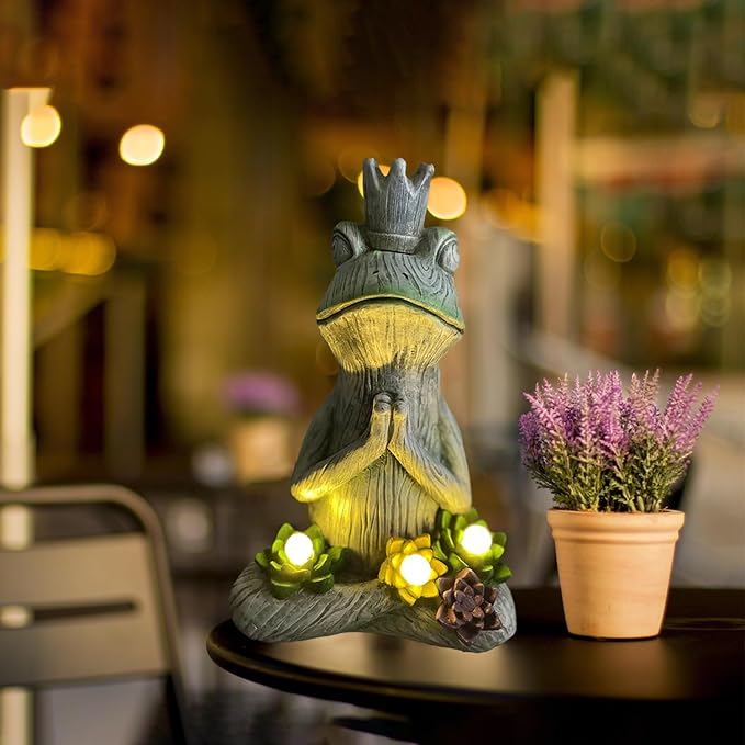 Large Garden Statue Yoga Frog Sustainable Eco-Friendly Solar Lights with LED Sustainability Sculpture Courtyard Balcony Home Decoration（12" Tall