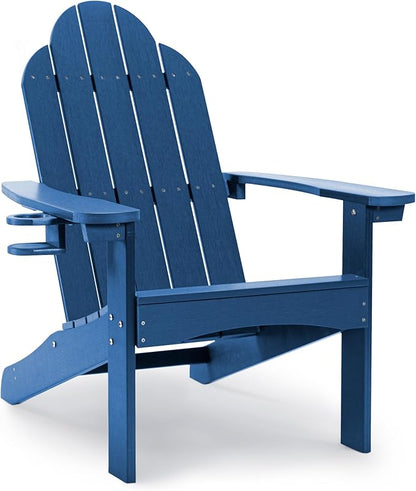 LUE BONA HDPS Adirondack Chairs Set of 4, Fire Pit Outdoor Chair Weather Resistant with Cup Holder, Modern Plastic Chair Plastic for Patio, Deck, Proch, Hotel, Resort, 350LBS, Navy Blue
