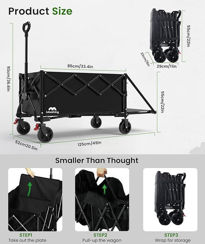 Extra Large Foldable Wagons Extended Clearance, 250L Collapsible Wagon with Tailgate, 49”L Folding Wagons with Brakes, Grocery Wagon, Utility Cart for Sports, Shopping, and Camping, Black