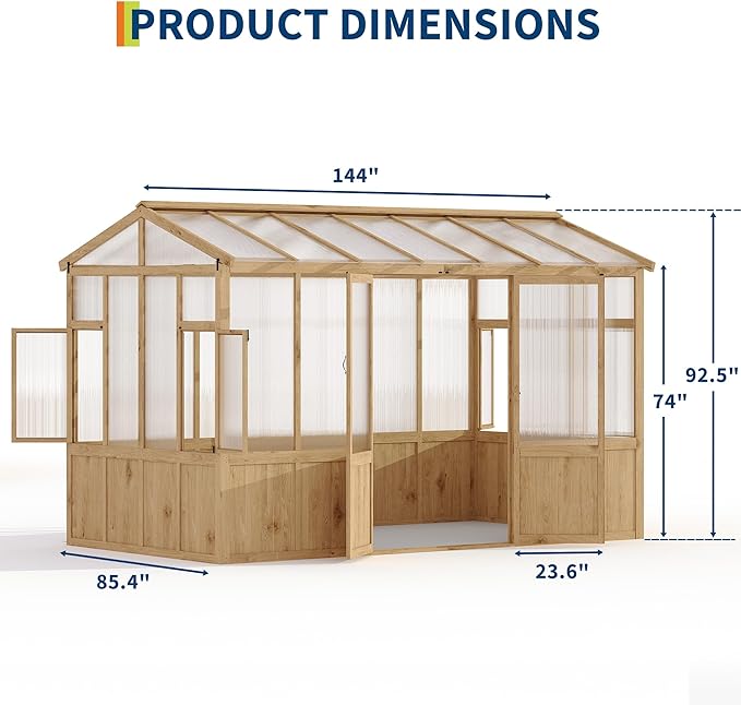 8X12 FT Heavy Duty Wooden Greenhouse for Outdoor - Walk-in Green House Kit with 6mm Polycarbonate, Ventilated Window & Lockable Door for Backyard, Patio, Lawn