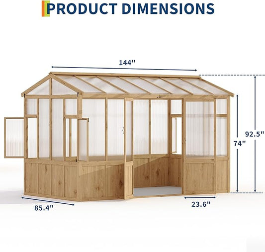 8X12 FT Heavy Duty Wooden Greenhouse for Outdoor - Walk-in Green House Kit with 6mm Polycarbonate, Ventilated Window & Lockable Door for Backyard, Patio, Lawn