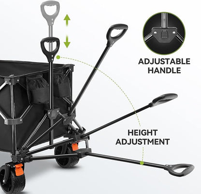 TECKNET Collapsible Foldable Wagon Cart, 150kg/330Lbs Weight Heavy Duty Folding Wagon with All-Terrain Big Wheels, Utility Wagon with Side Pocket for Grocery, Shopping, Sports, Garden, Camping