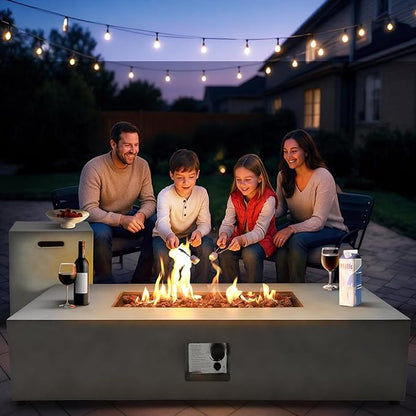 2-Piece 54" Outdoor Propane Fire Pit Table Set W 16" Tank Cover Side Table, 50,000 BTU Rectangle Concrete Fire Pit Coffee Table, Lava Rocks, Rain Cover for Patio, Backyard, Garden, Porch, Deck