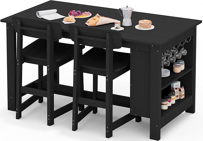 SERWALL Outdoor Bar Table and Chairs Set, 3-Piece HDPE Counter Height Patio Dining Sets with Storage and Wine Rack, Rectangular High Top Bar Table with 2 Bar Stools for Garden, Backyard, Black