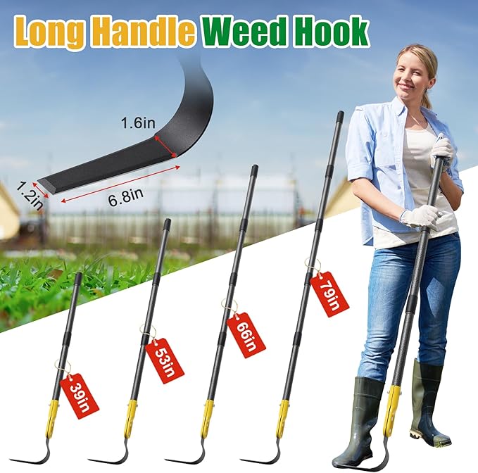 Hoe Garden Tool, 79" L Shape Sickle Garden Tool with Double-Edged Blade and Adjustable Long Handle, Heavy Duty Crack Crevice Weeding Hoe for Weeding, Loosening Soil, Trenching