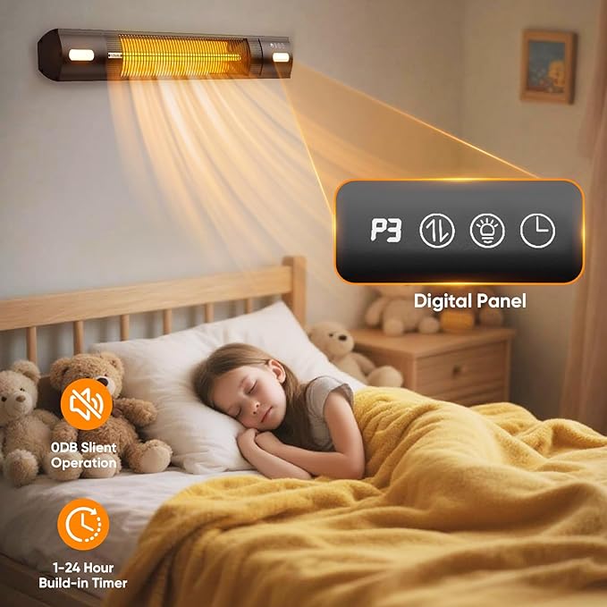 YESERLl Electric Patio Heater with LED Light- 1500w Outdoor Fast Heating with 3 Power Setting,Wall Mounted Carbon Infrared Heater Quiet - IP65 Waterproof and 24H Timer for Snow Outdoor