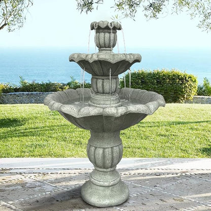 39.3” H Outdoor Floor Water Fountain, 3-Tiers Concrete Water Fountain with Submersible Electric Pump - Garden Cascading Waterfall for Yard Patio Lawn Home Decor