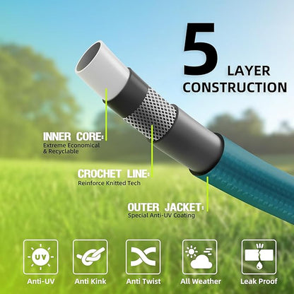 Worth Leader Garden Hose 3/4 in. x 25 ft. -No Kink, Flexible, Leakproof, Male/Female -Heavy Duty Durable 5 Layers PVC Rubber Lightweight Water Pipe for Gardening, Agriculture & Lawn Care -500PSI Burst