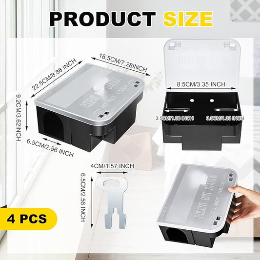 Qualirey 4 Pcs Rat Bait Station 8.86 x 7.28 x 3.62 Inches Rat Traps with Openable Lid, Blocks Boxes with Keys for Big Mouse, Keeps Children and Pets Safe Indoor & Outdoor, Bait Not Included (Clear)